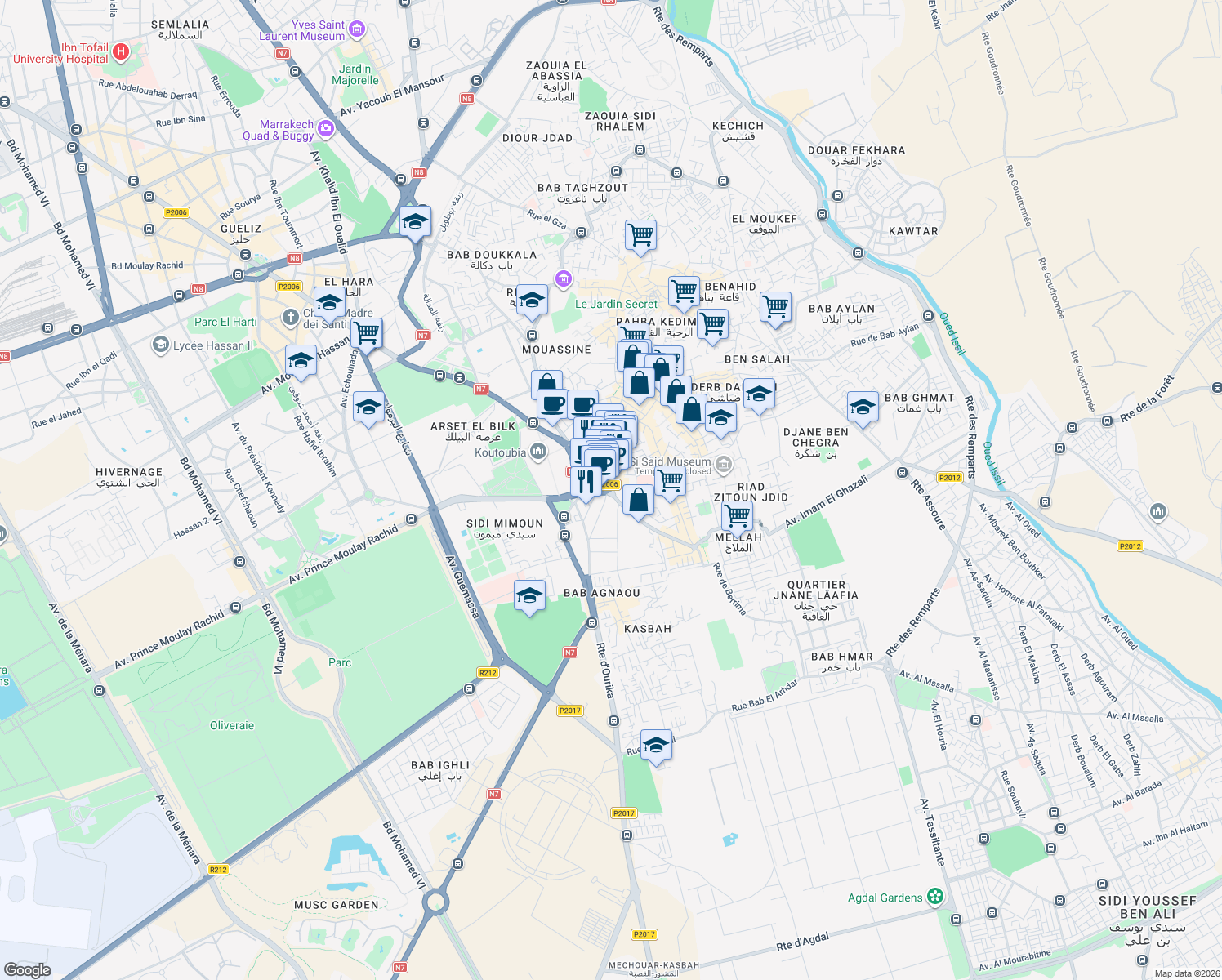 map of restaurants, bars, coffee shops, grocery stores, and more near in Marrakesh