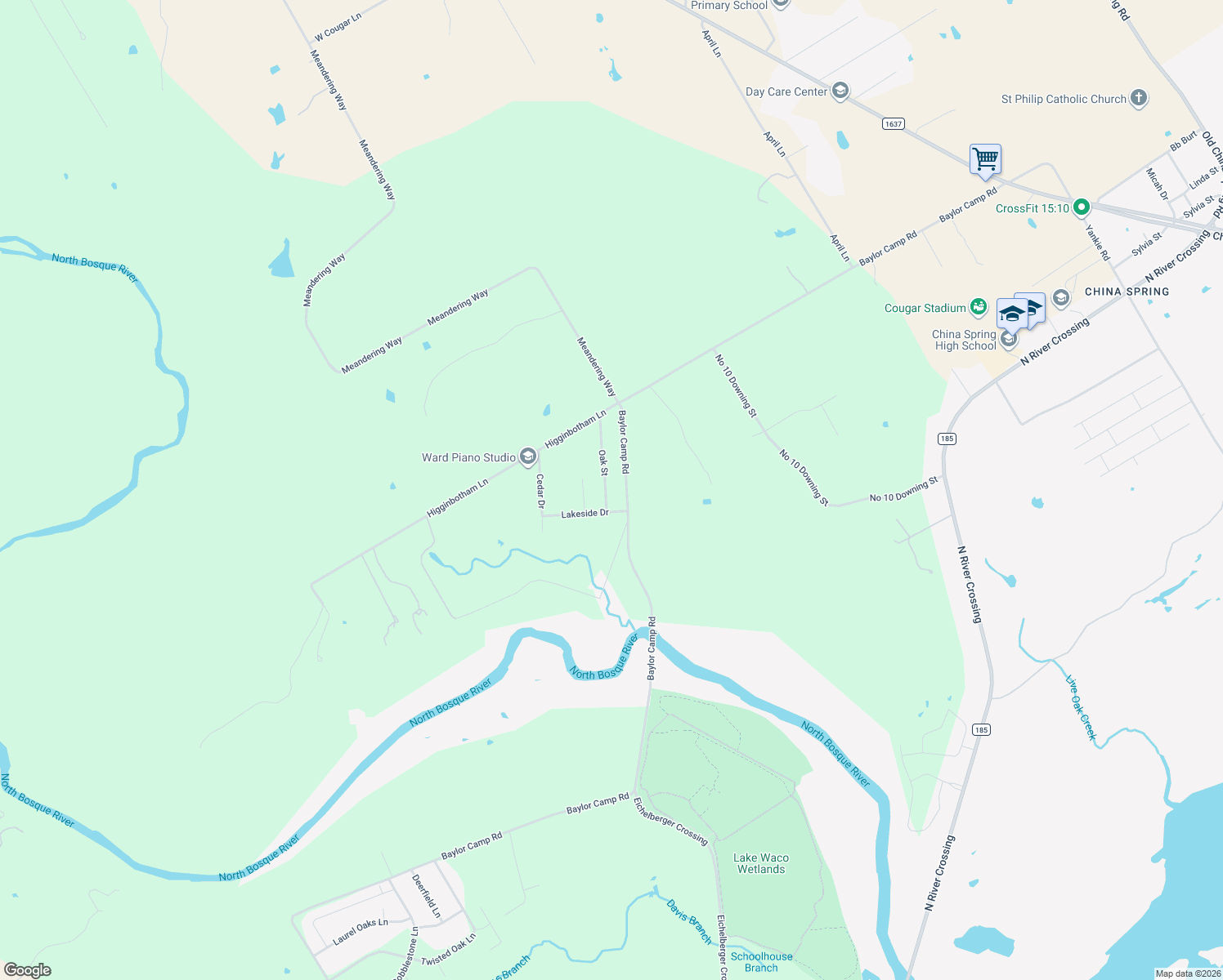 map of restaurants, bars, coffee shops, grocery stores, and more near 343 Oak St in China Spring