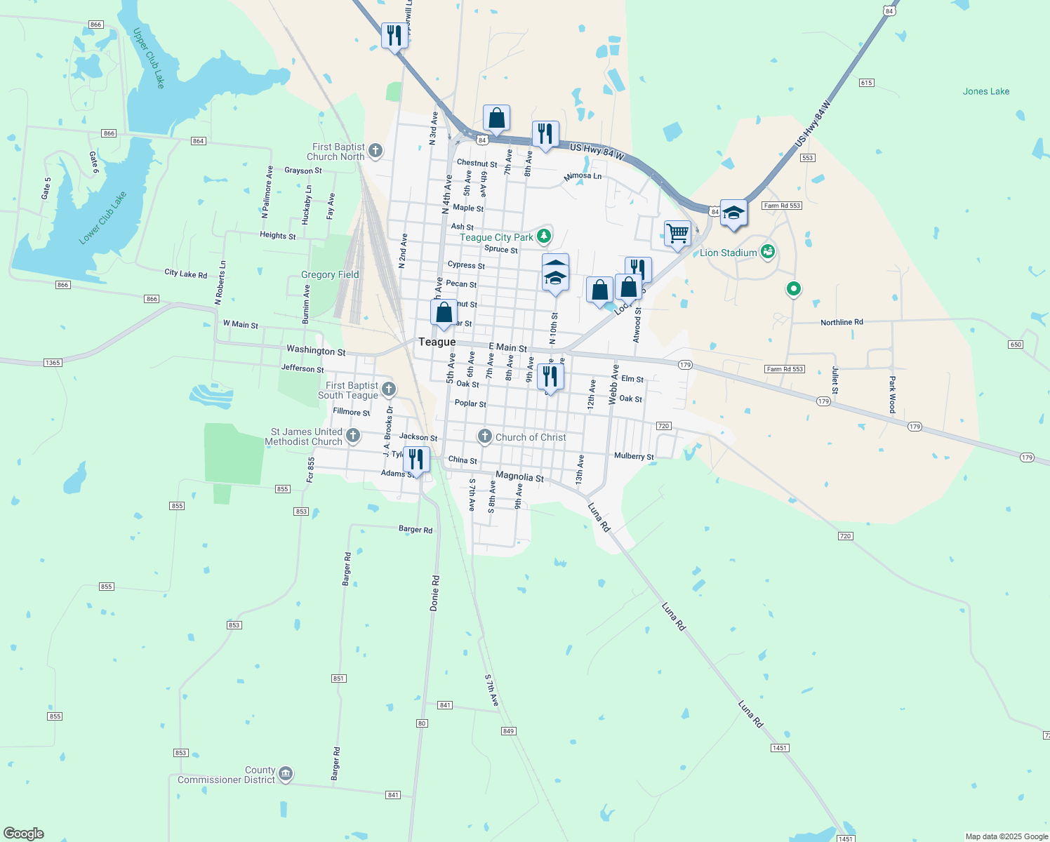 map of restaurants, bars, coffee shops, grocery stores, and more near 420 9th Avenue in Teague