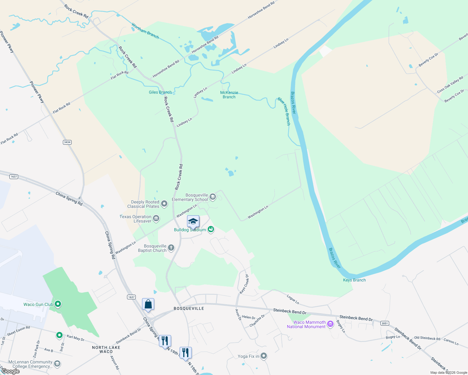 map of restaurants, bars, coffee shops, grocery stores, and more near 1179 Washington Ln in Waco
