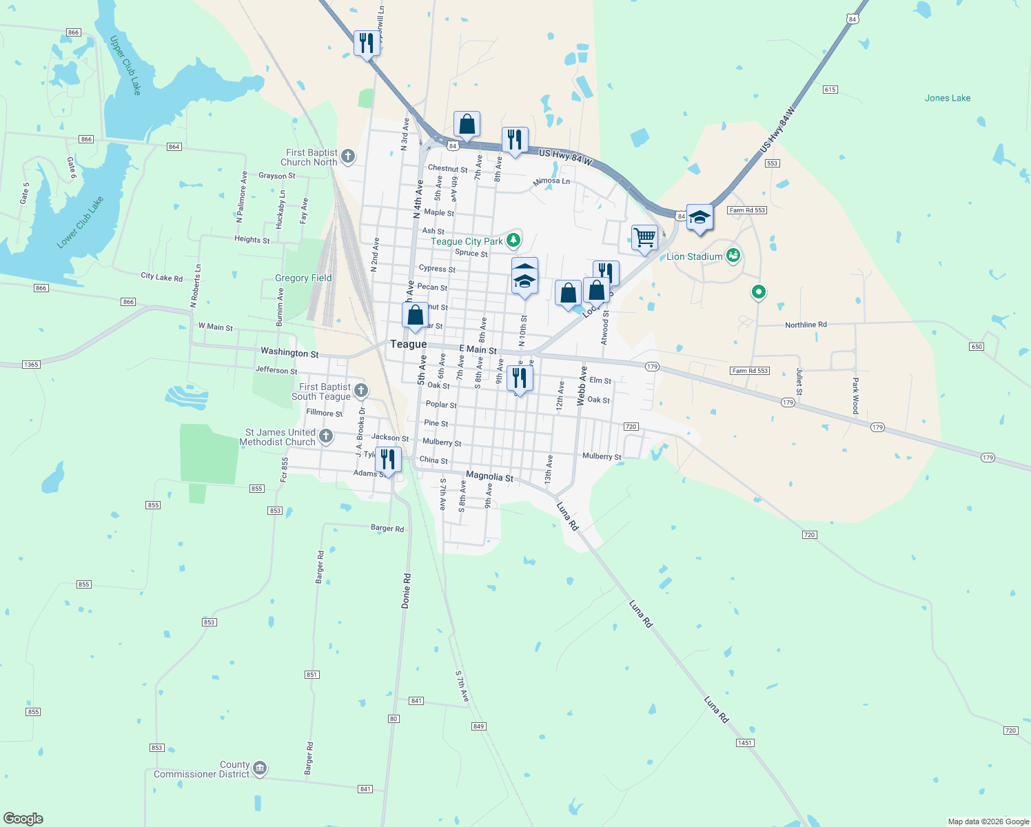 map of restaurants, bars, coffee shops, grocery stores, and more near 412 South 10th Avenue in Teague