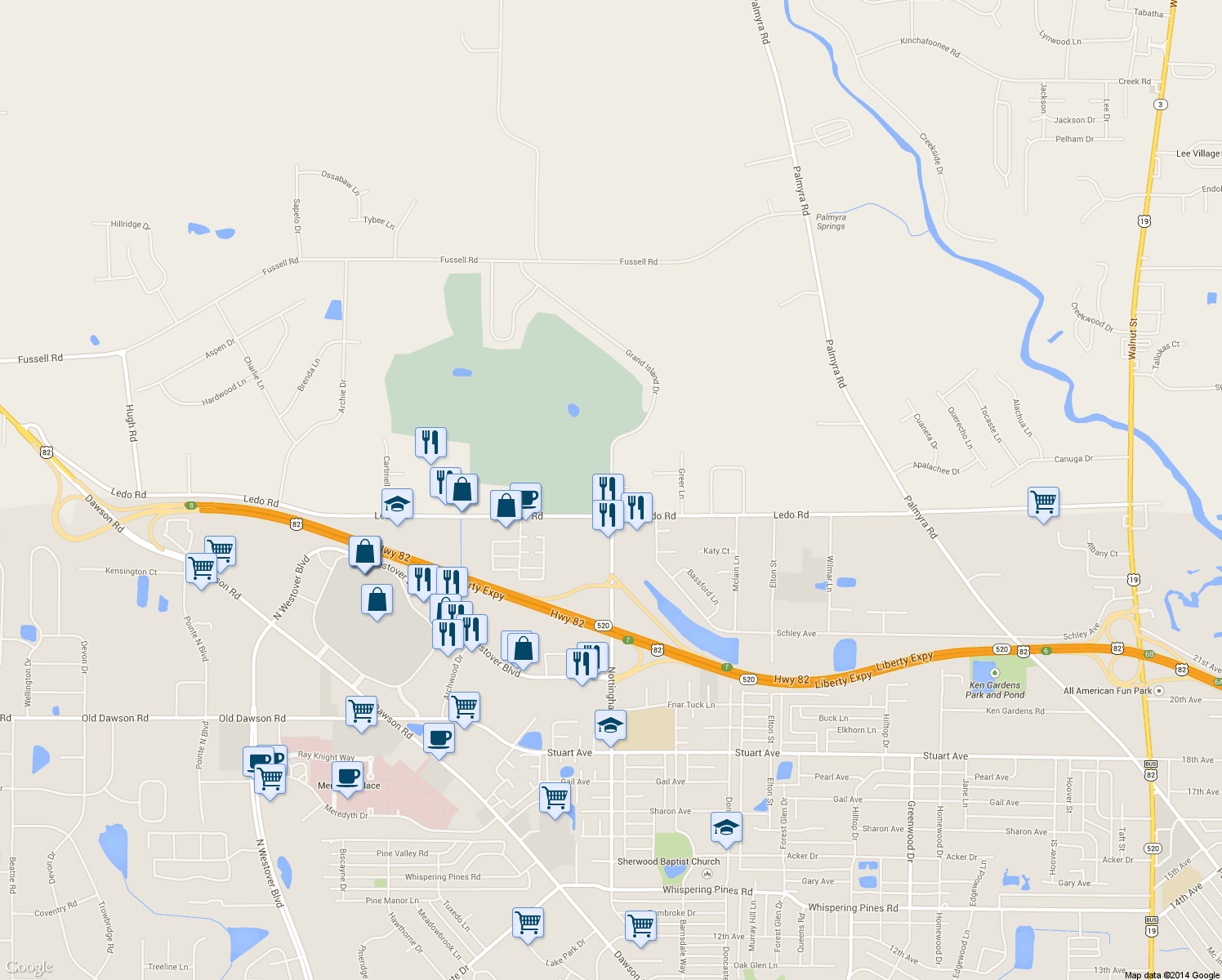 map of restaurants, bars, coffee shops, grocery stores, and more near 200 Grand Island Drive in Albany