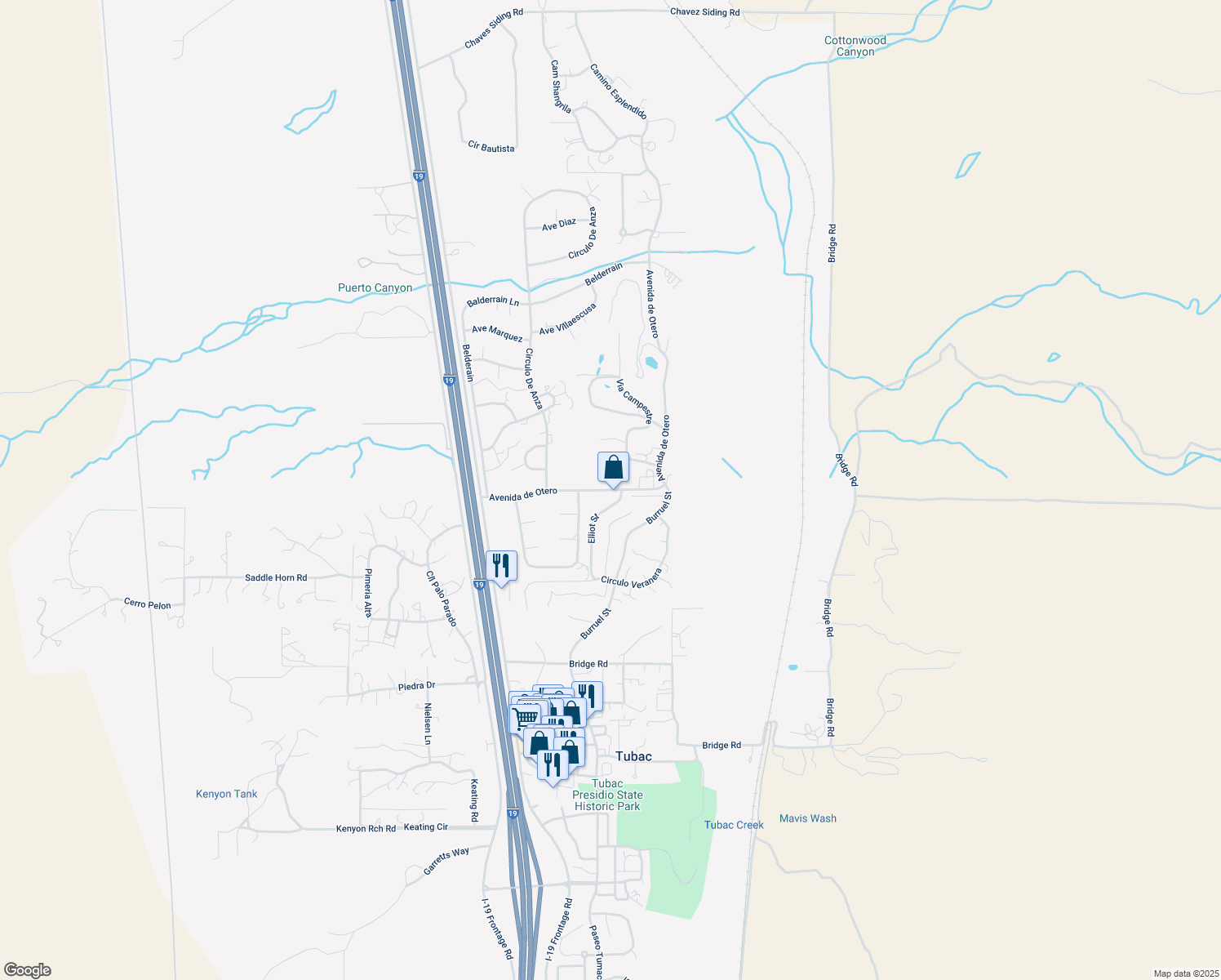 map of restaurants, bars, coffee shops, grocery stores, and more near 100 Avenida de Otero in Tubac