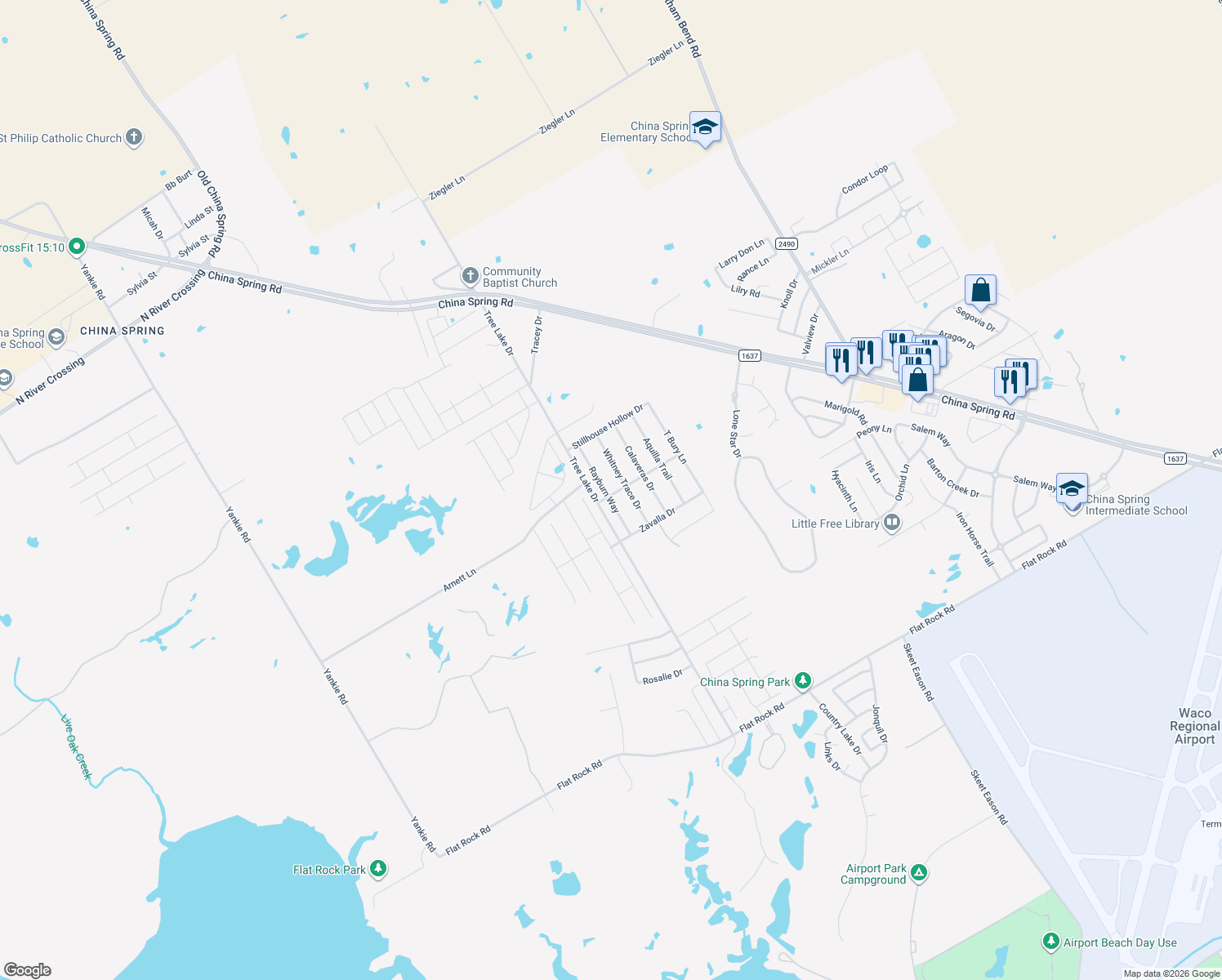 map of restaurants, bars, coffee shops, grocery stores, and more near 10501 Rayburn Way in Waco