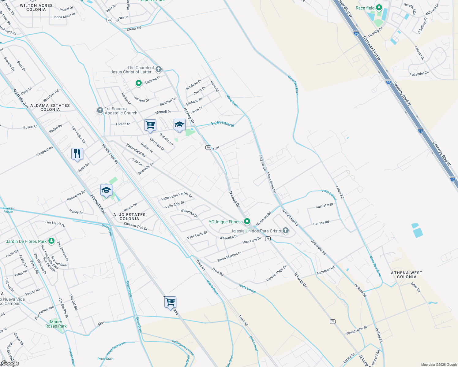 map of restaurants, bars, coffee shops, grocery stores, and more near 11643 North Loop Drive in Socorro