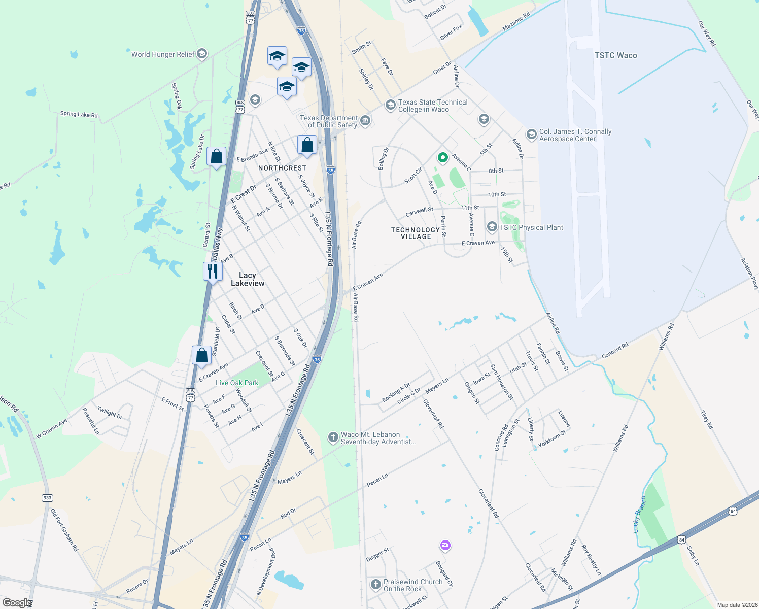 map of restaurants, bars, coffee shops, grocery stores, and more near 312 Brooks Lane in Waco