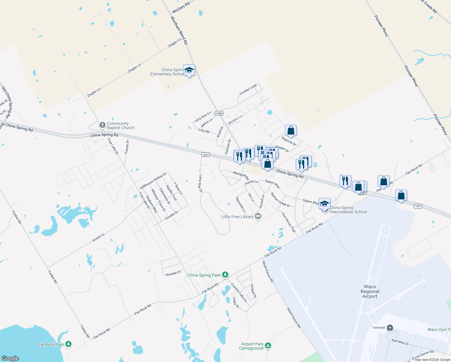 map of restaurants, bars, coffee shops, grocery stores, and more near 10135 Cougar Ridge Parkway in Waco