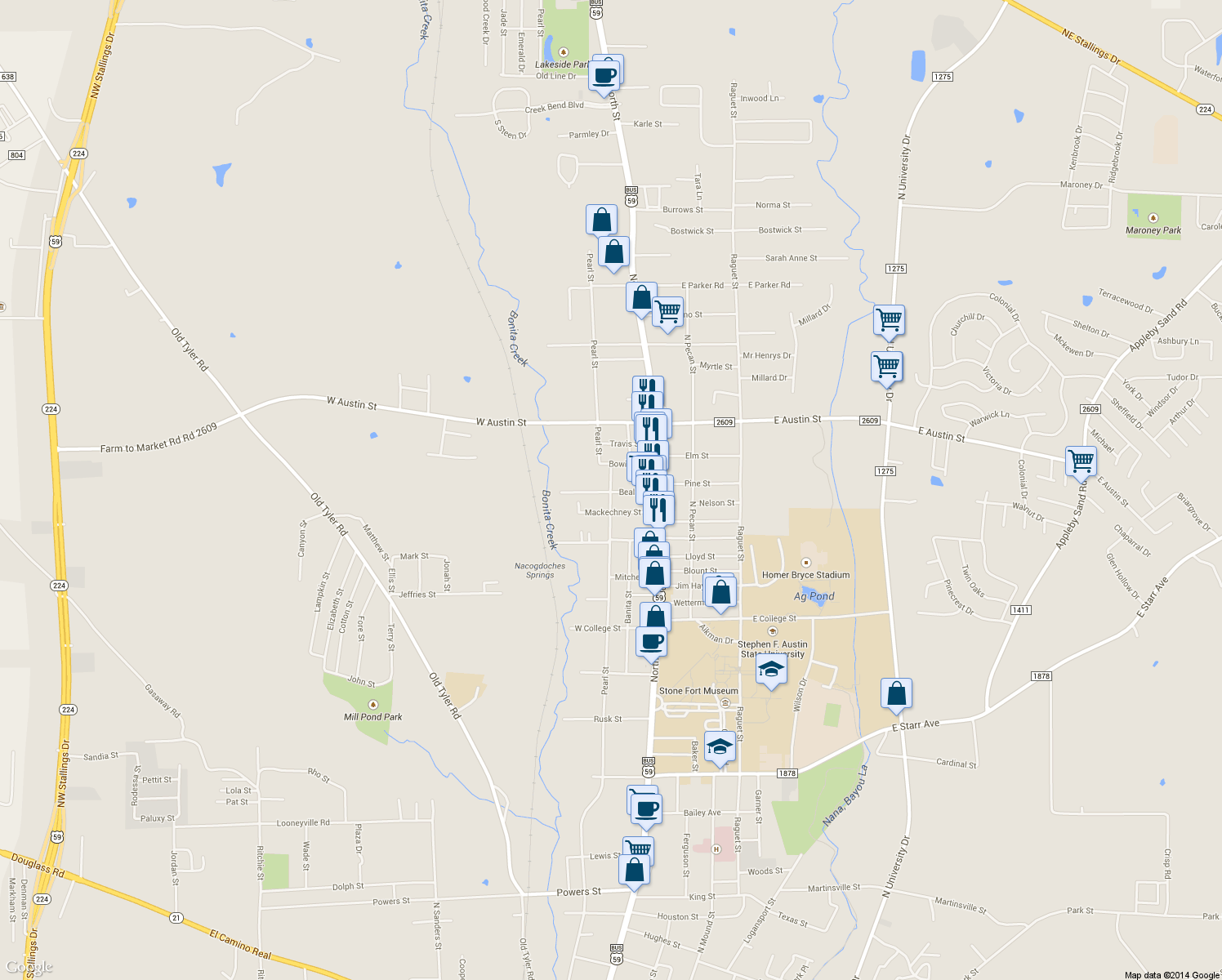 map of restaurants, bars, coffee shops, grocery stores, and more near 2800-2898 Pearl Street in Nacogdoches