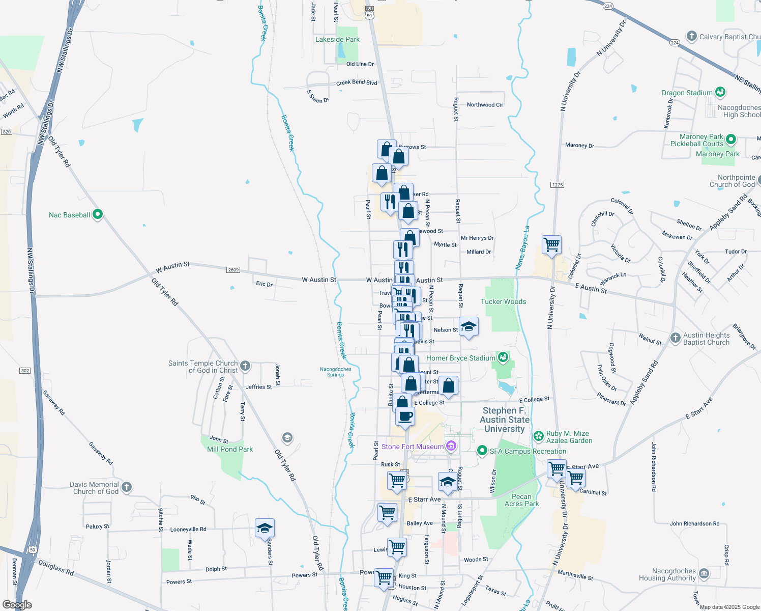 map of restaurants, bars, coffee shops, grocery stores, and more near 2898 Pearl Street in Nacogdoches