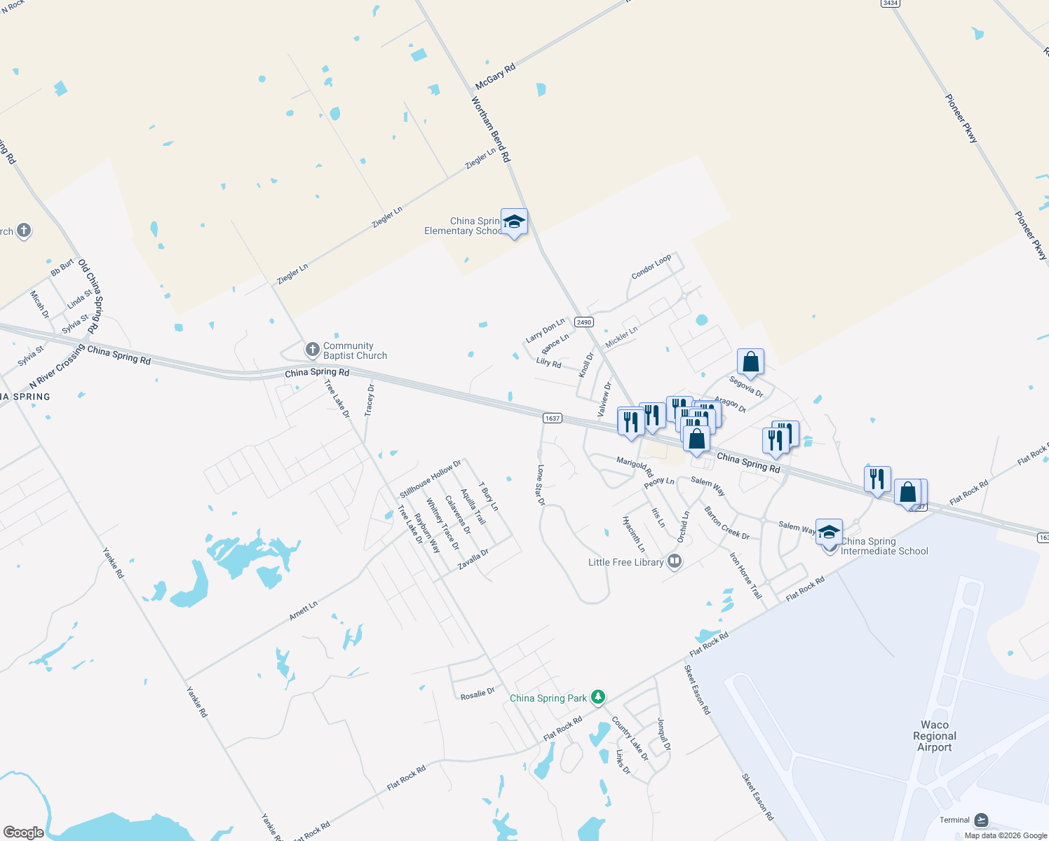 map of restaurants, bars, coffee shops, grocery stores, and more near 10720 China Spring Rd in Waco