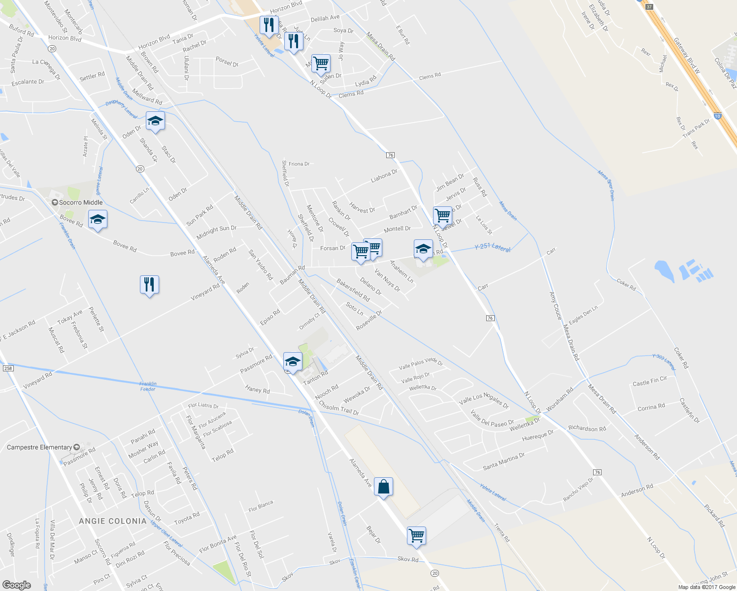 map of restaurants, bars, coffee shops, grocery stores, and more near 11445 Bakersfield Road in Socorro