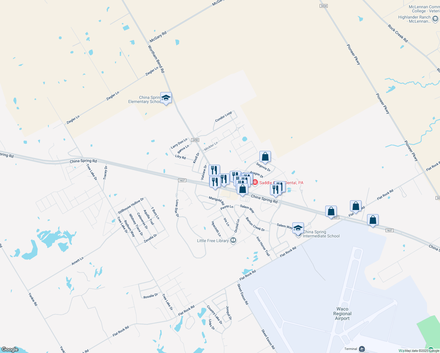 map of restaurants, bars, coffee shops, grocery stores, and more near 123 Kenna Ln in Waco