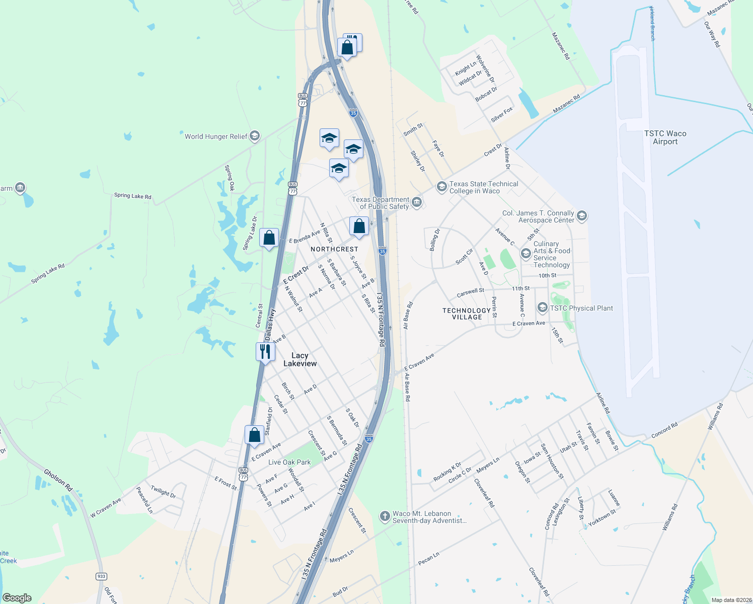 map of restaurants, bars, coffee shops, grocery stores, and more near 314 South Joyce Street in Waco