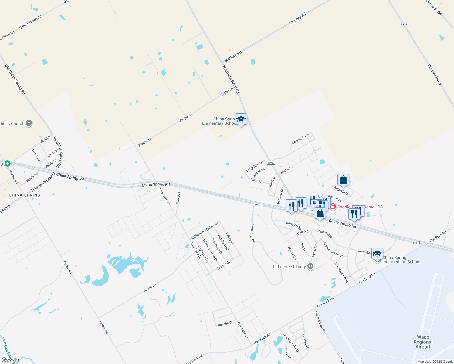 map of restaurants, bars, coffee shops, grocery stores, and more near 4709 Country Aire Dr in Waco