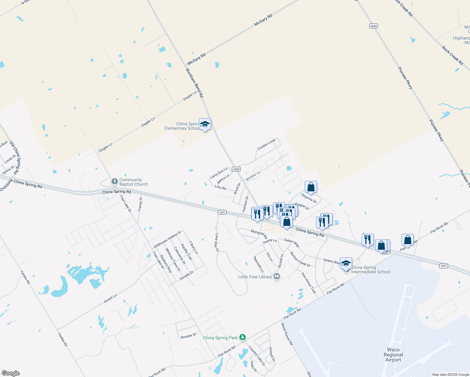 map of restaurants, bars, coffee shops, grocery stores, and more near 4133 Knoll Dr in Waco
