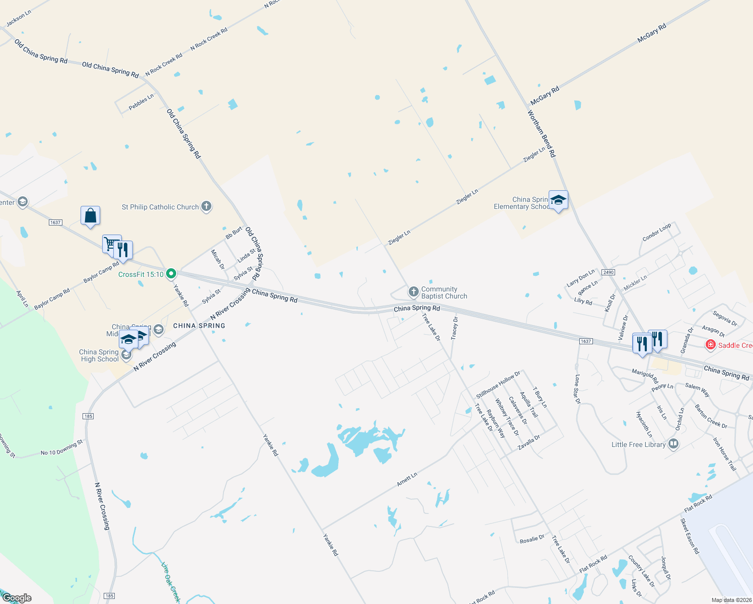 map of restaurants, bars, coffee shops, grocery stores, and more near 11527 China Spring Rd in Waco