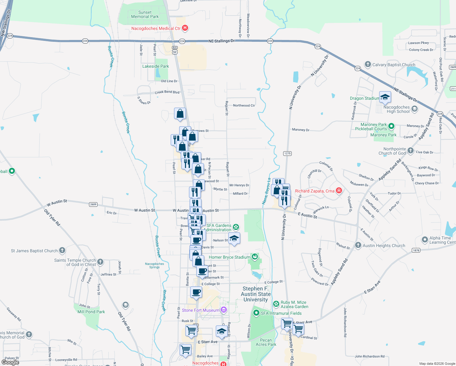 map of restaurants, bars, coffee shops, grocery stores, and more near 3425 Raguet Street in Nacogdoches