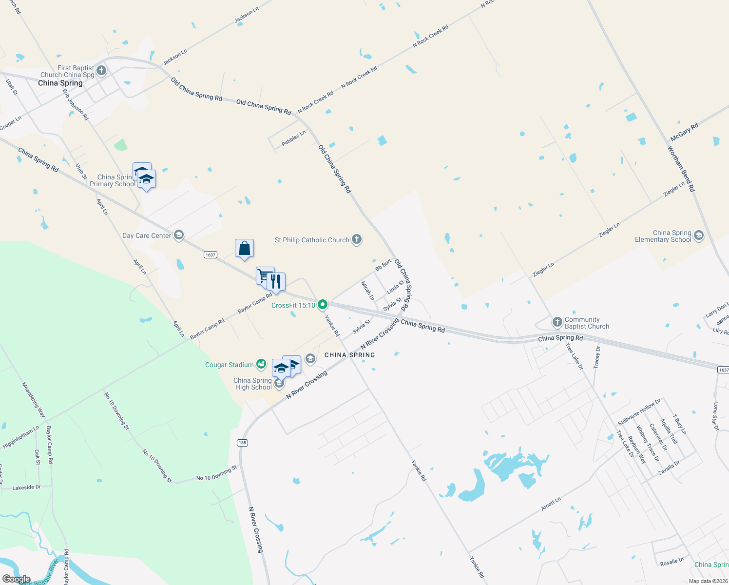map of restaurants, bars, coffee shops, grocery stores, and more near 12320 Micah Drive in Waco
