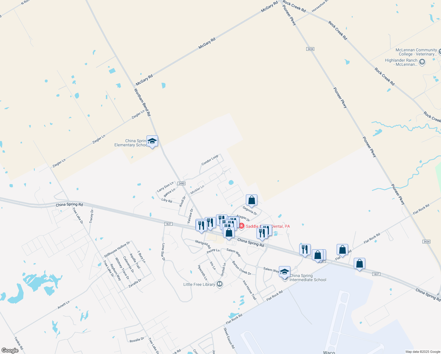 map of restaurants, bars, coffee shops, grocery stores, and more near 10713 Burnham Drive in Waco