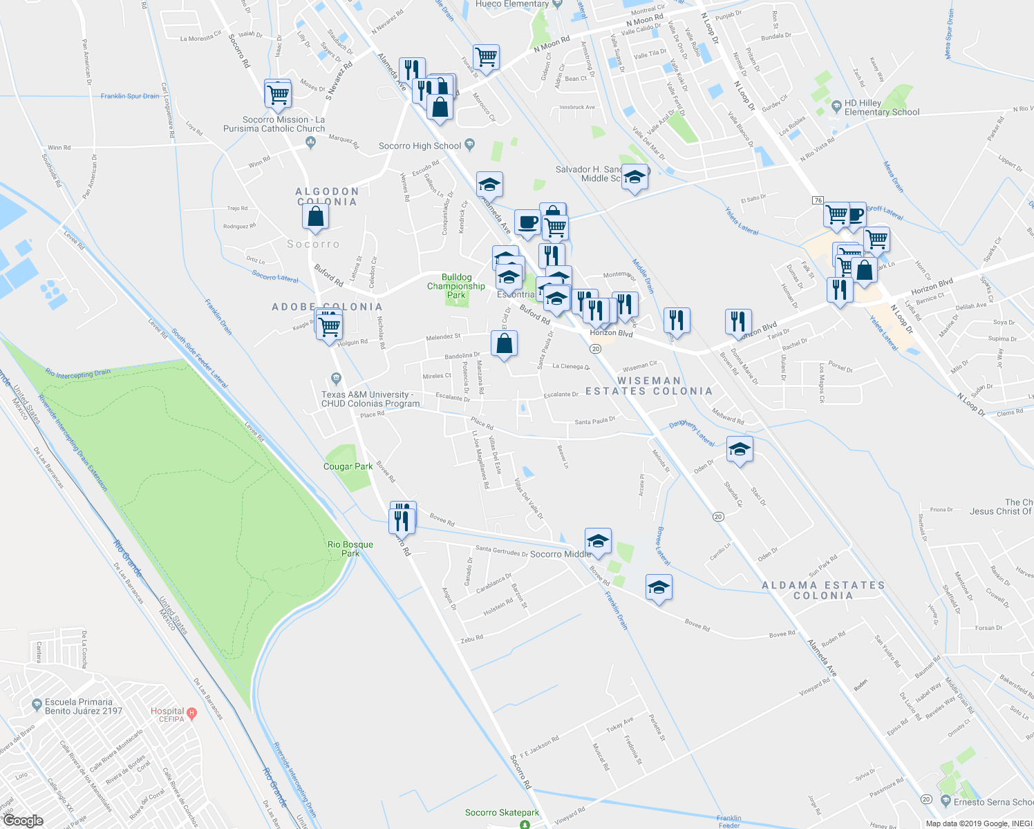 map of restaurants, bars, coffee shops, grocery stores, and more near 10490 Ellen Sue Street in Socorro