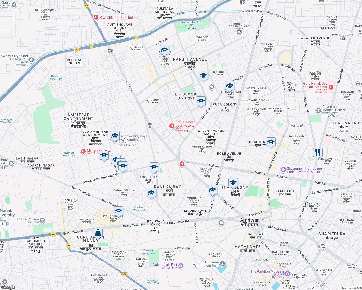 map of restaurants, bars, coffee shops, grocery stores, and more near Circular Road in Amritsar