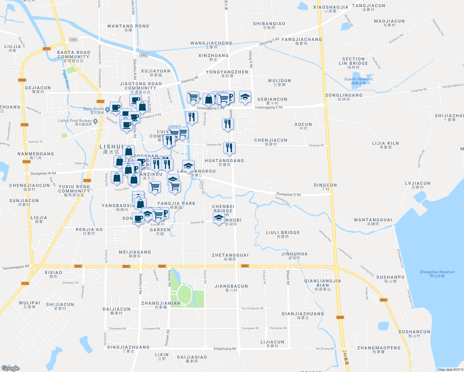 map of restaurants, bars, coffee shops, grocery stores, and more near Zhongshan East Road in Nanjing