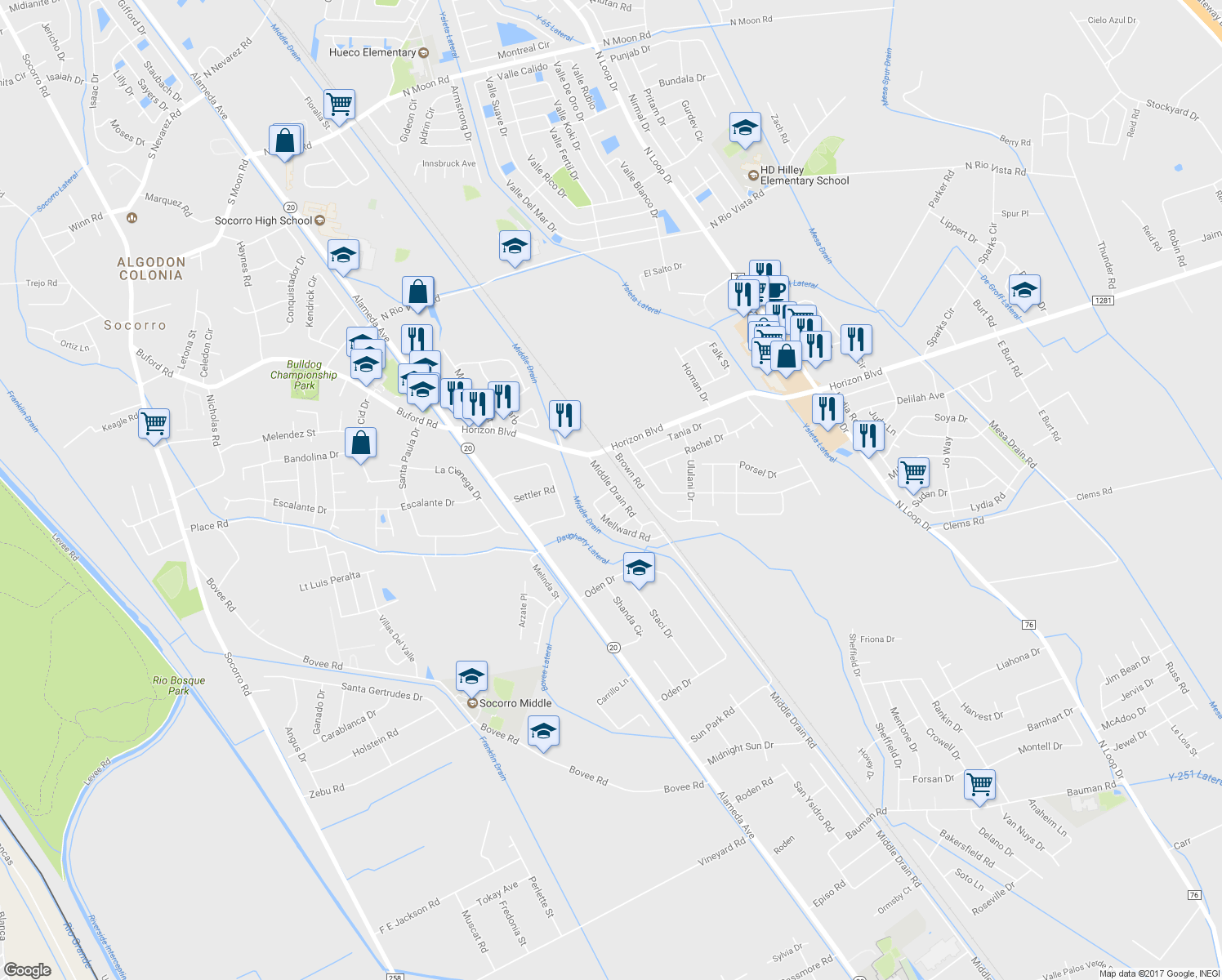 map of restaurants, bars, coffee shops, grocery stores, and more near 224 Karon Street in Socorro