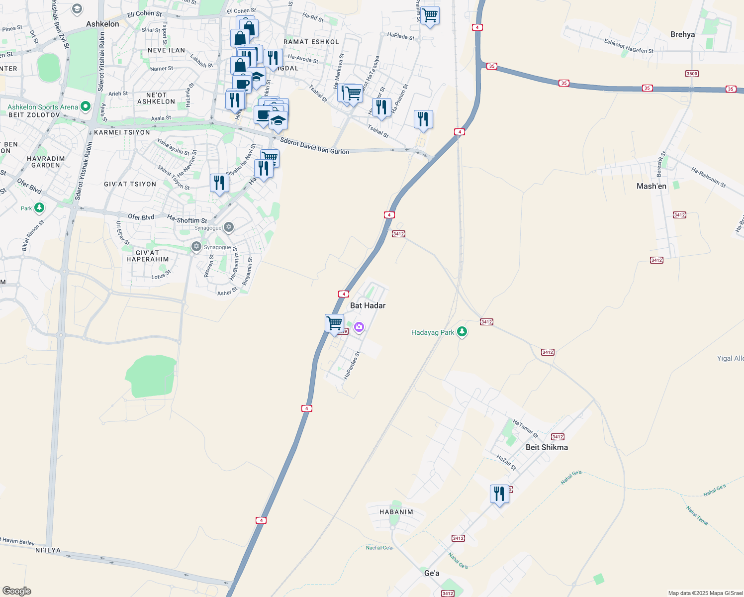 map of restaurants, bars, coffee shops, grocery stores, and more near 21 Shvil HaGefen in Bat Hadar