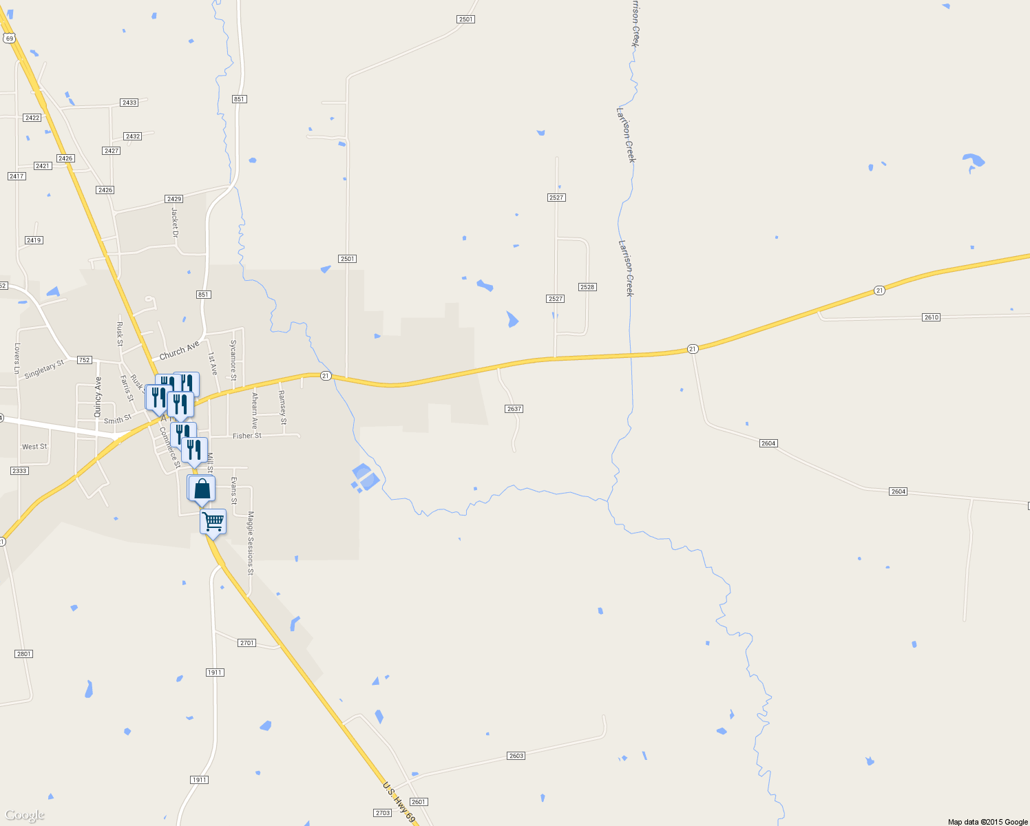 map of restaurants, bars, coffee shops, grocery stores, and more near County Road 2637 in Alto