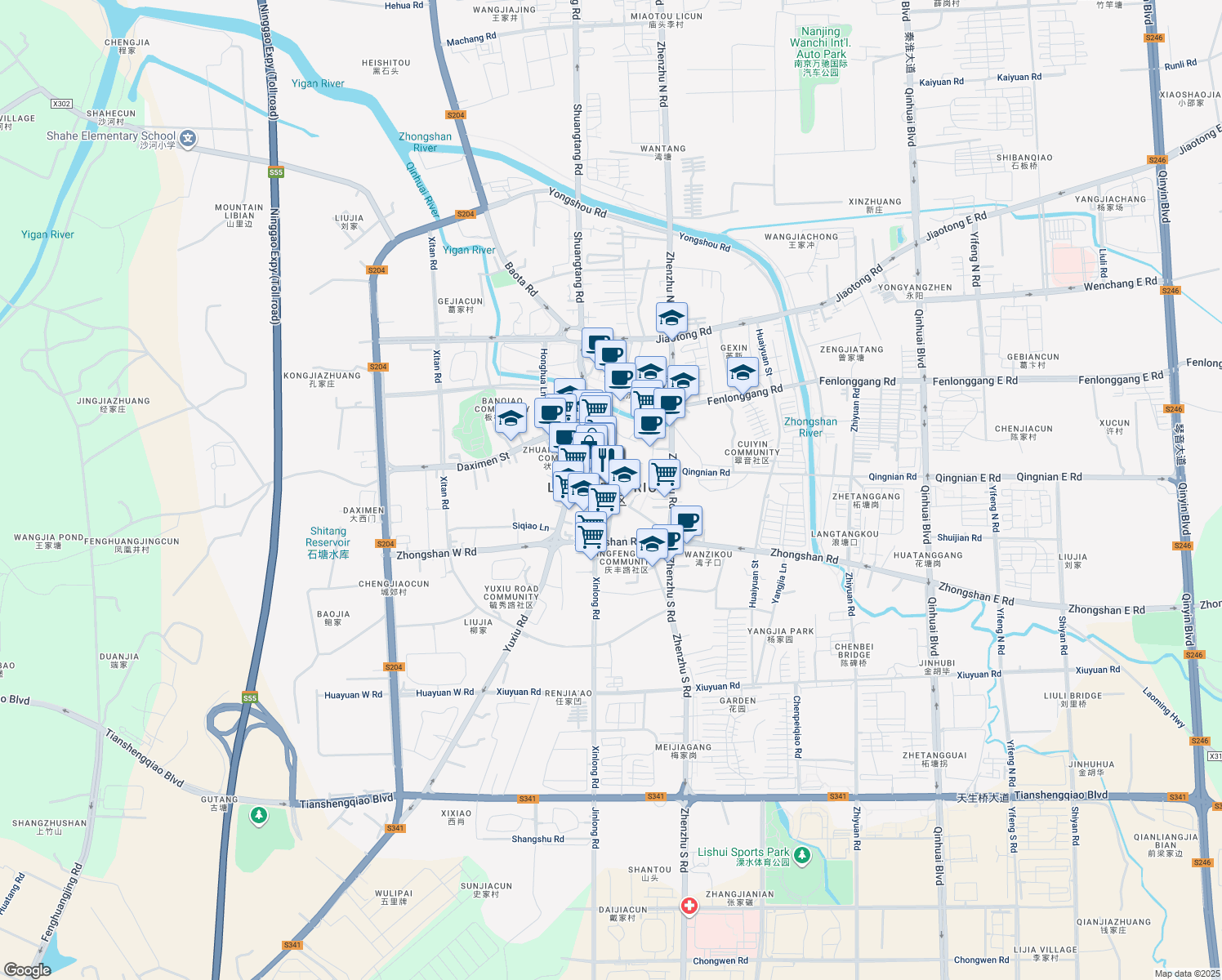 map of restaurants, bars, coffee shops, grocery stores, and more near in Nanjing