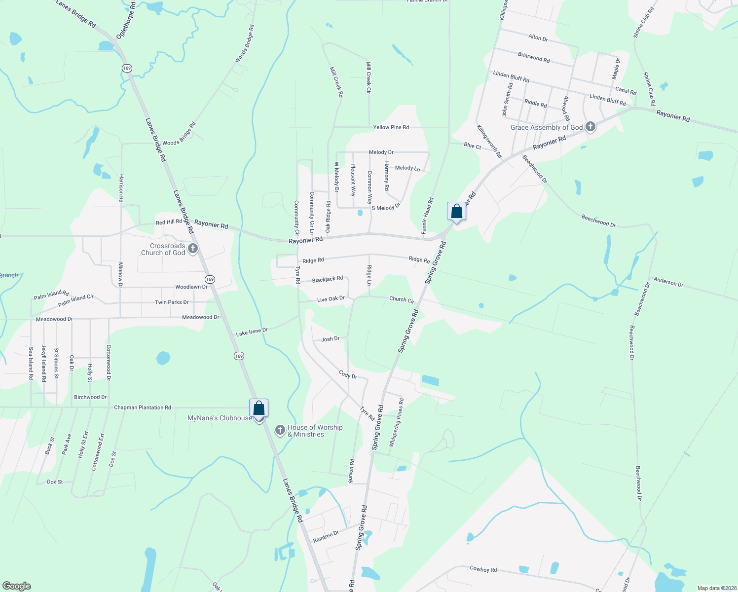 map of restaurants, bars, coffee shops, grocery stores, and more near 1 Ridge Lane in Jesup