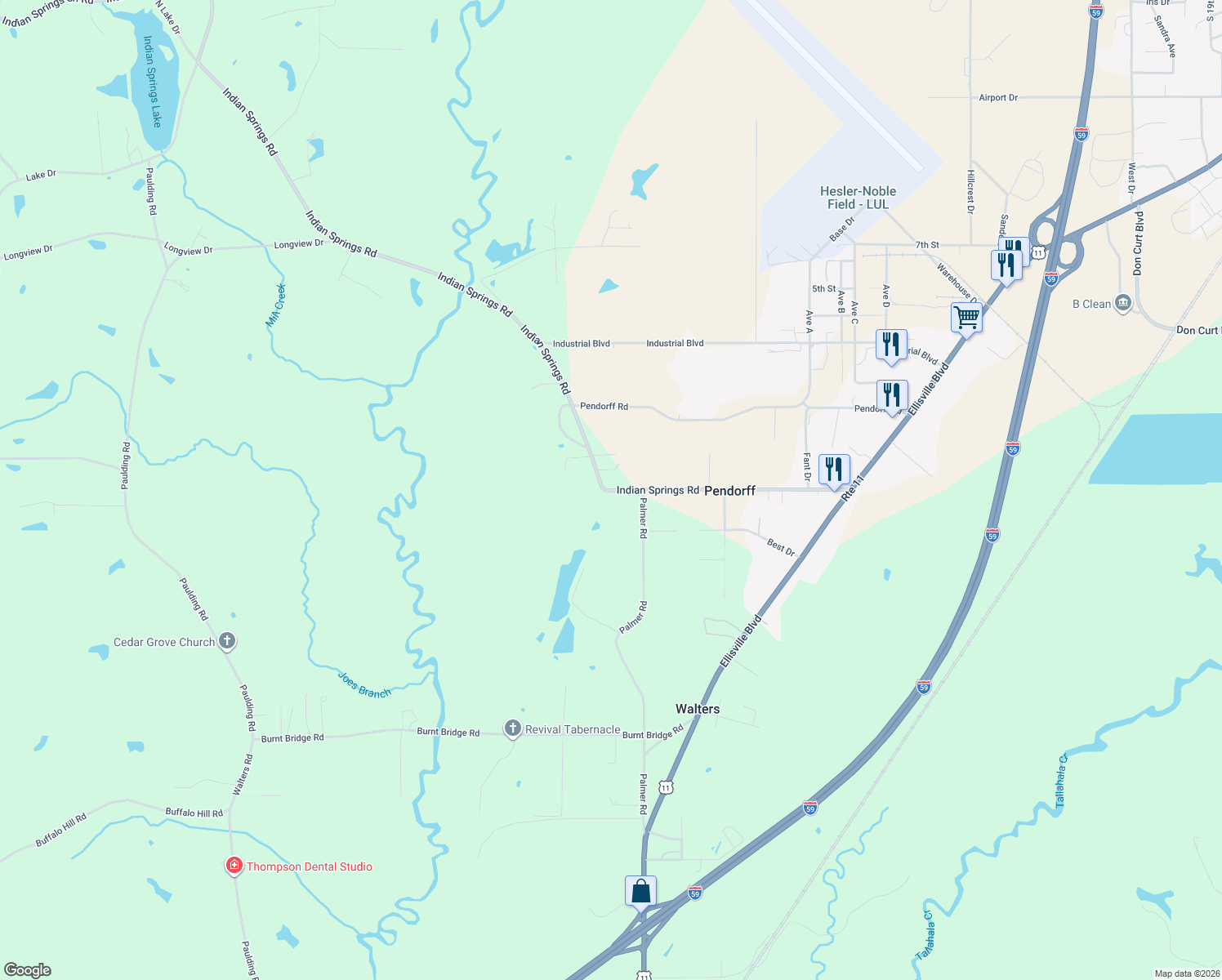 map of restaurants, bars, coffee shops, grocery stores, and more near 3618 Indian Springs Road in Laurel
