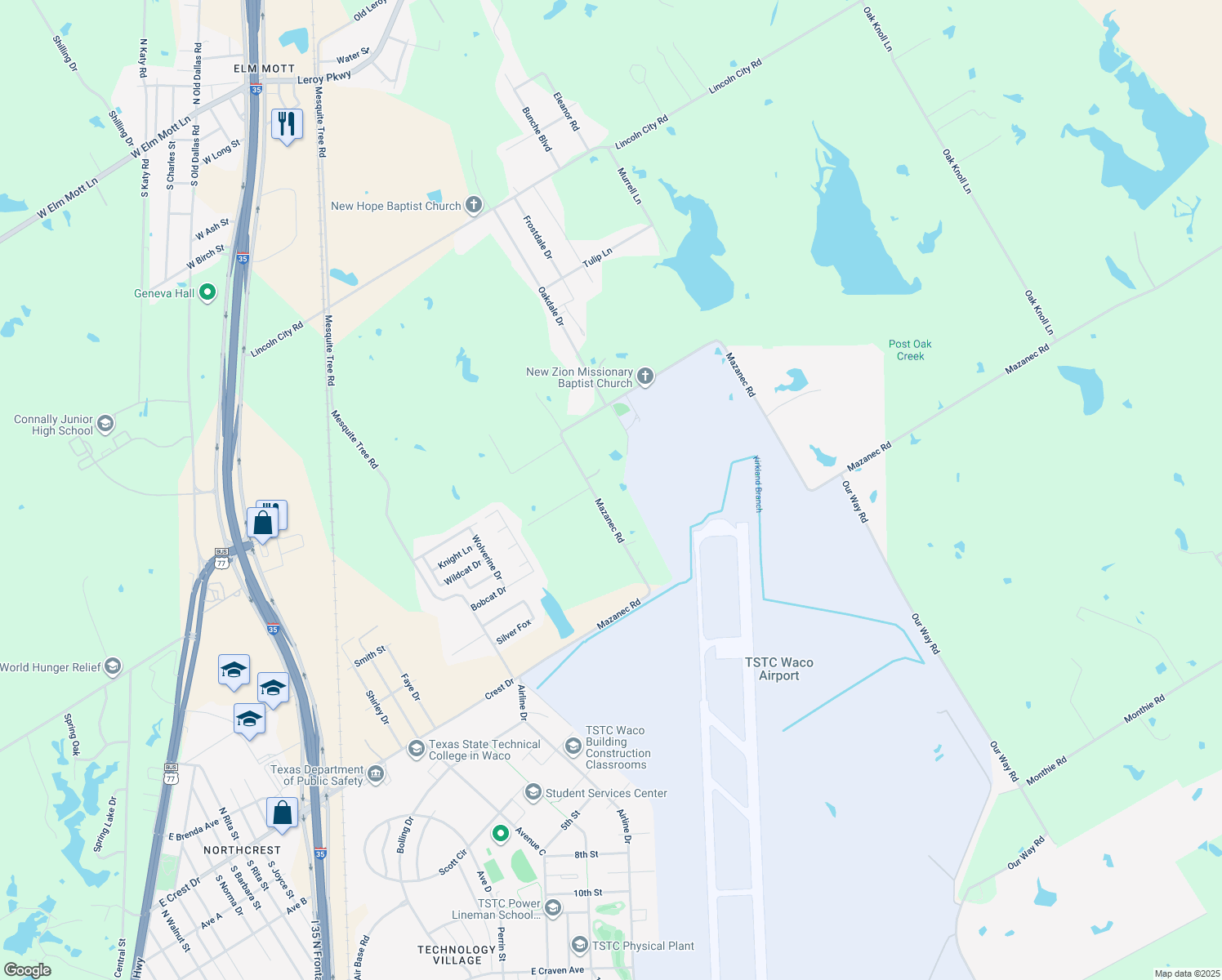 map of restaurants, bars, coffee shops, grocery stores, and more near 3036 Mazanec Road in Waco