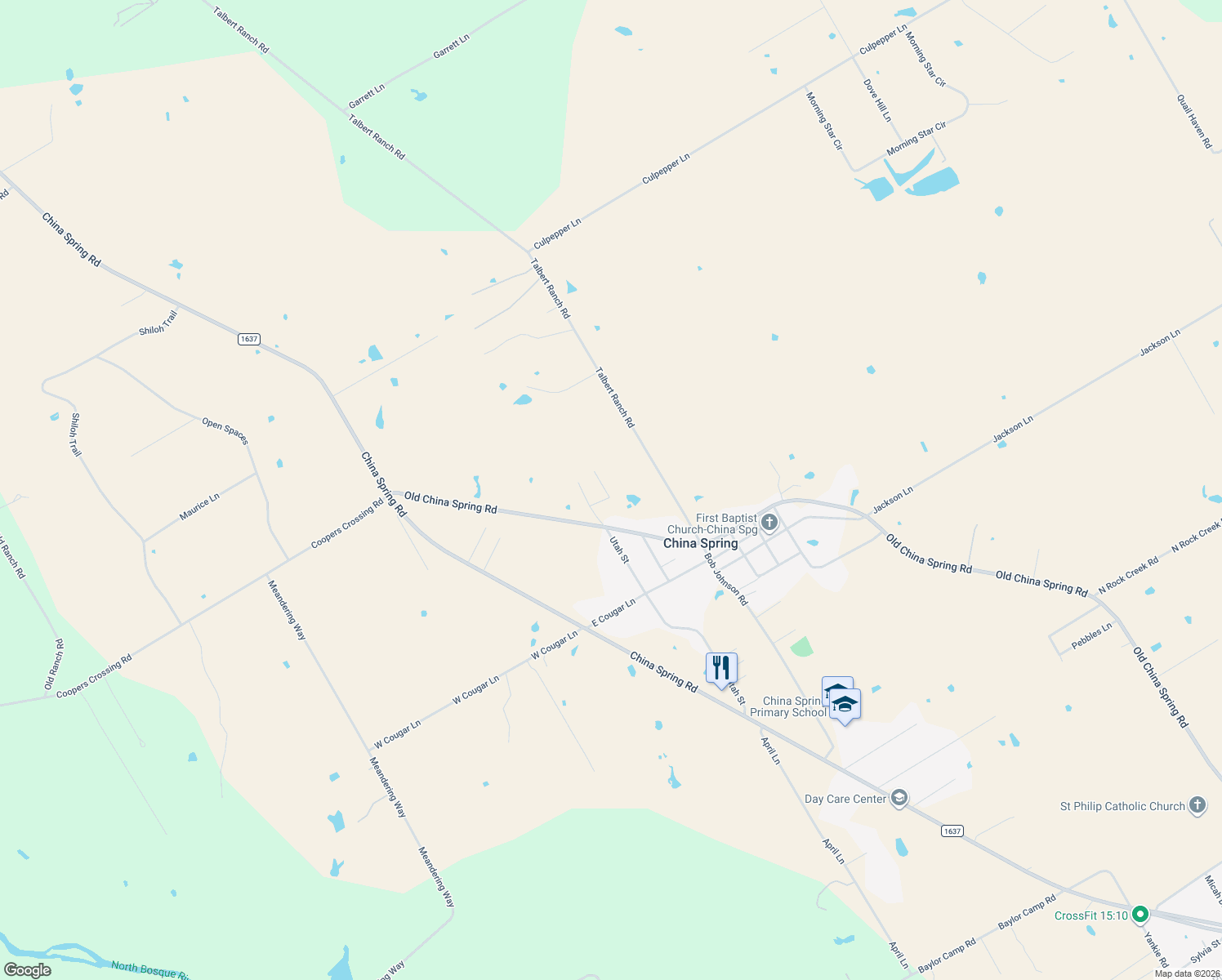 map of restaurants, bars, coffee shops, grocery stores, and more near 188 Laura Anne Loop in China Spring