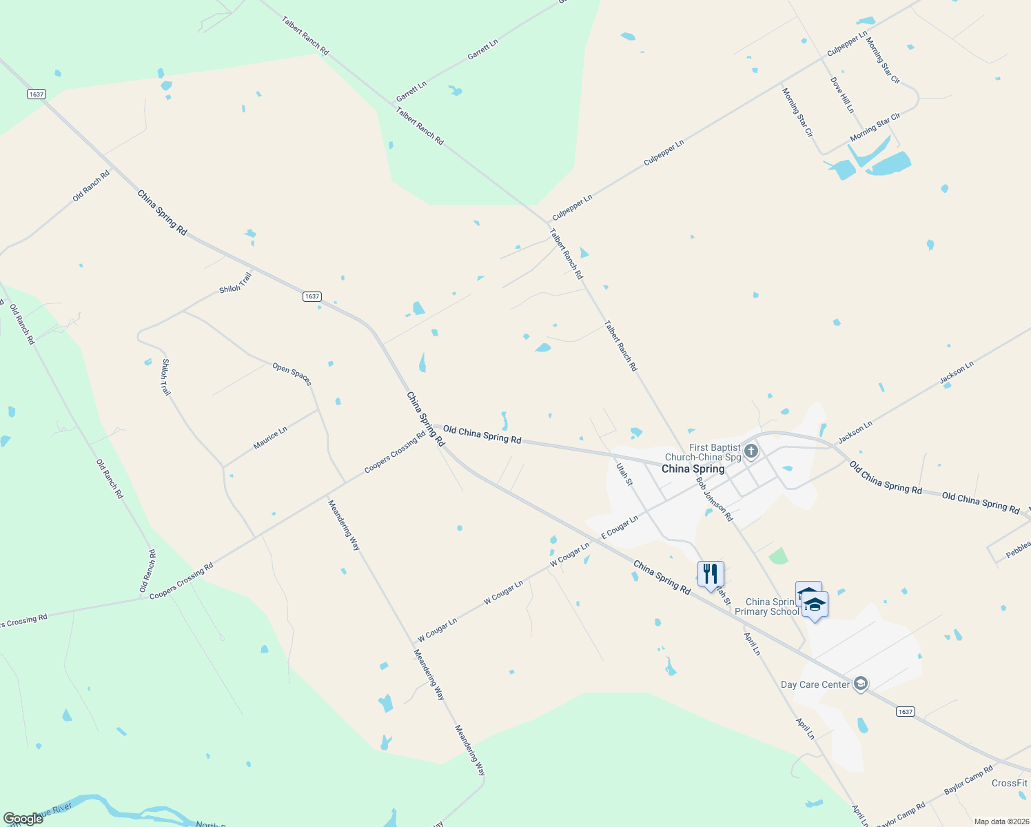 map of restaurants, bars, coffee shops, grocery stores, and more near 15902 Old China Spring Road in China Spring