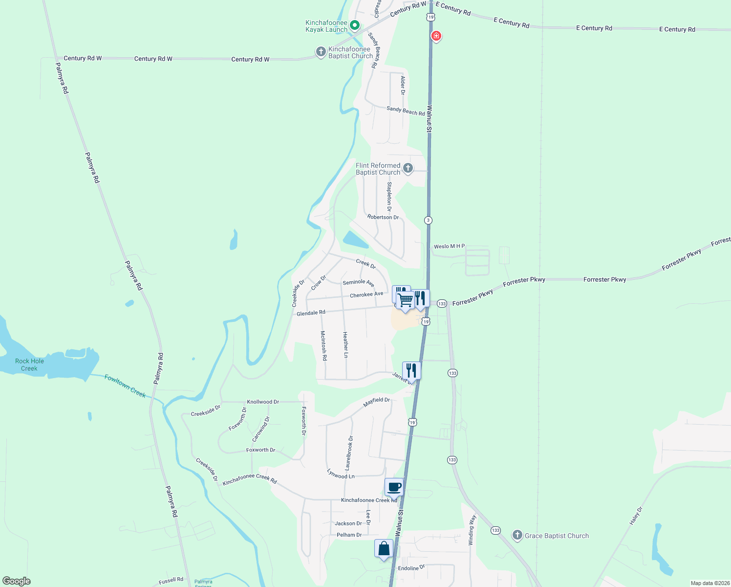 map of restaurants, bars, coffee shops, grocery stores, and more near 124 Cherokee Avenue in Leesburg