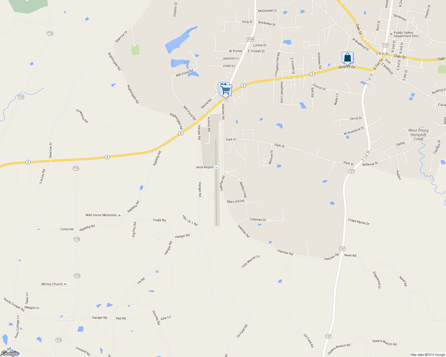 map of restaurants, bars, coffee shops, grocery stores, and more near Airport Road in Trout