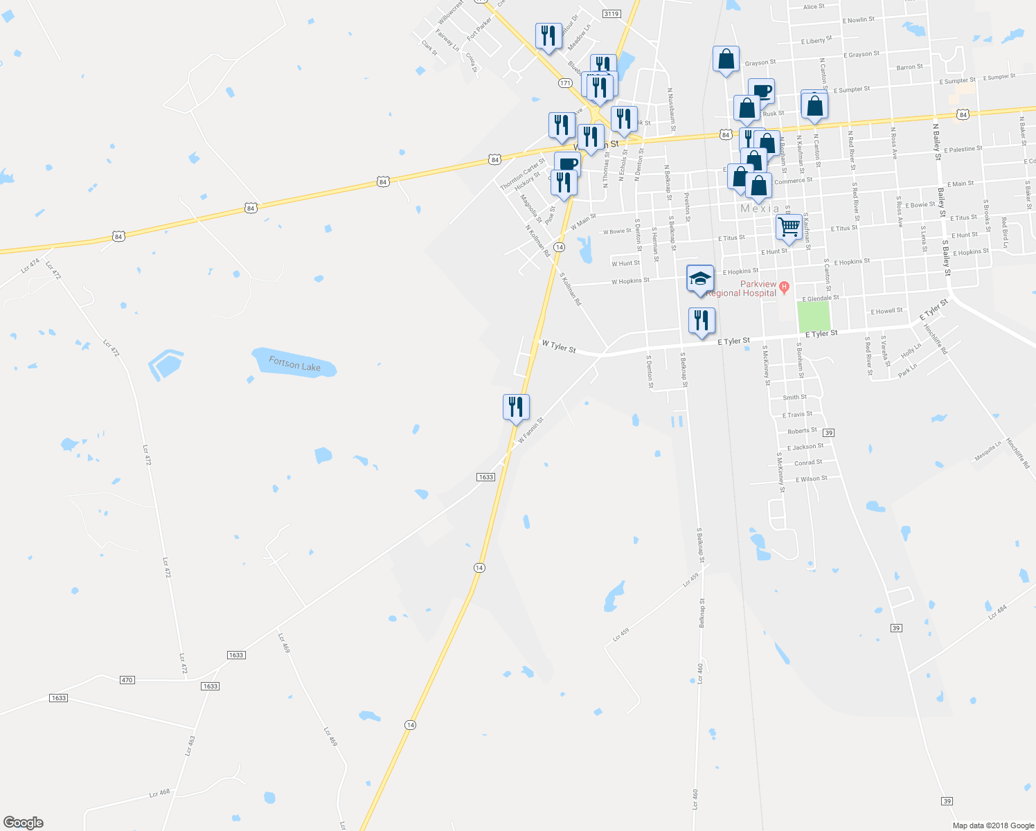 map of restaurants, bars, coffee shops, grocery stores, and more near Texas 14 in Mexia
