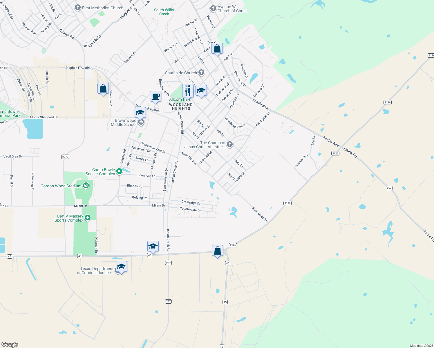 map of restaurants, bars, coffee shops, grocery stores, and more near 1716 Southgate Drive in Brownwood
