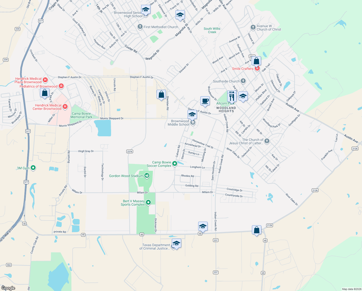 map of restaurants, bars, coffee shops, grocery stores, and more near 1904 Calvert Road in Brownwood
