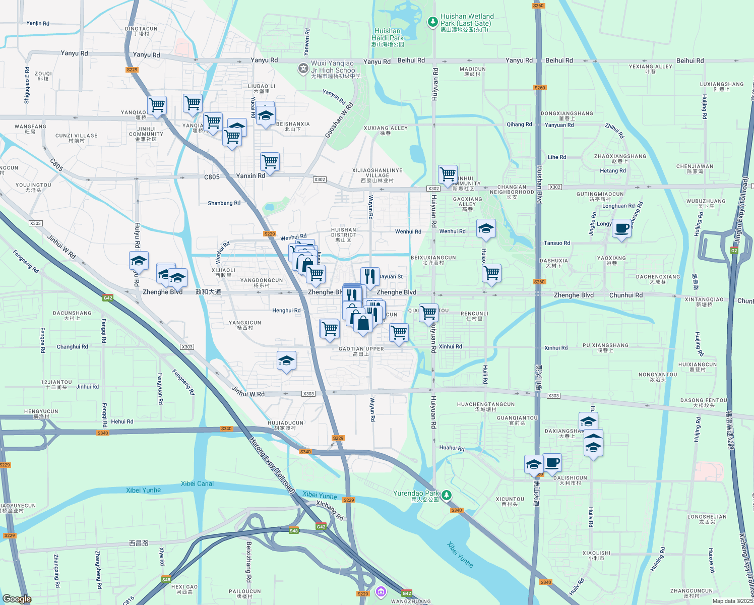 map of restaurants, bars, coffee shops, grocery stores, and more near 202 Zhenghe Avenue in Wuxi Shi