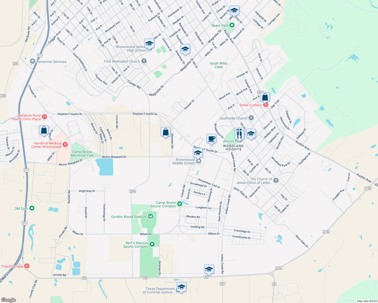 map of restaurants, bars, coffee shops, grocery stores, and more near 1605 Calvert Road in Brownwood