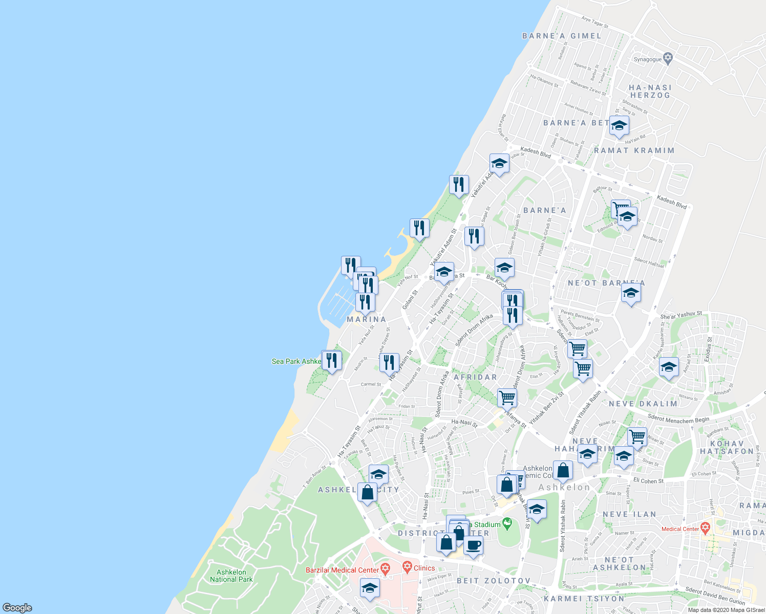 map of restaurants, bars, coffee shops, grocery stores, and more near 35 Yefe Nof Street in Ashkelon