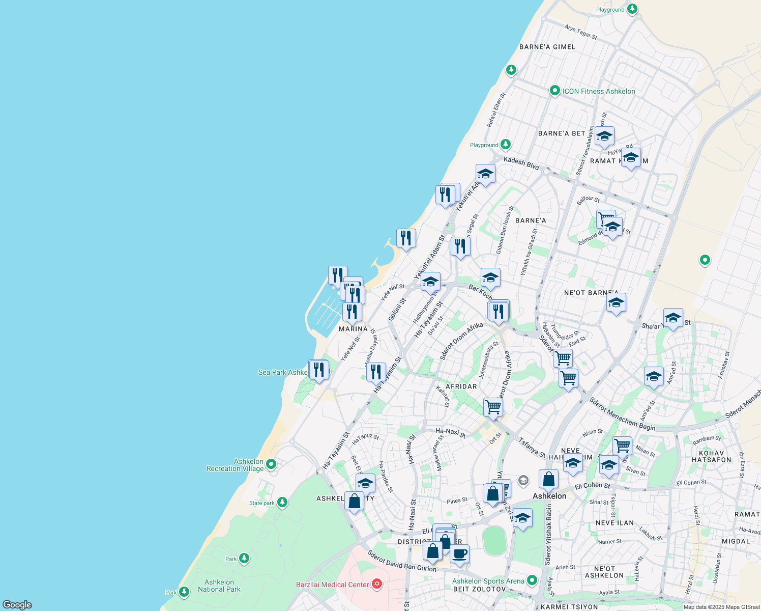 map of restaurants, bars, coffee shops, grocery stores, and more near 39 Yefe Nof Street in Ashkelon