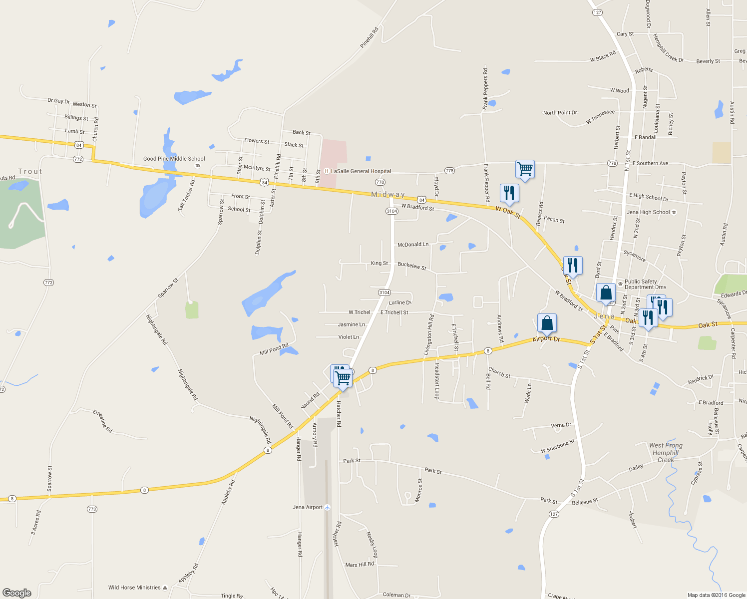 map of restaurants, bars, coffee shops, grocery stores, and more near Center Road in Jena