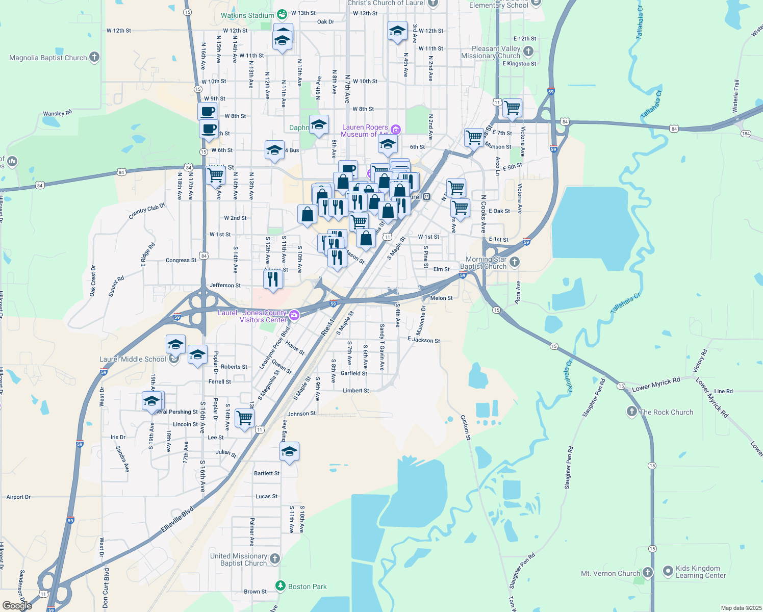 map of restaurants, bars, coffee shops, grocery stores, and more near 499 Madison Street in Laurel