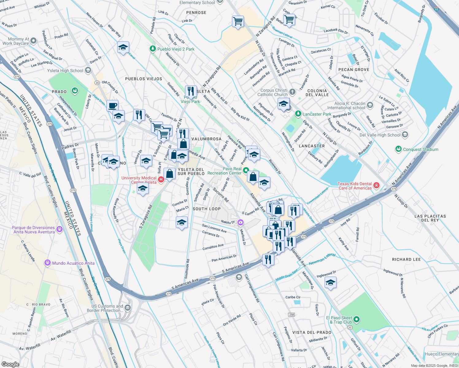 map of restaurants, bars, coffee shops, grocery stores, and more near 129 Gaspar Street in El Paso