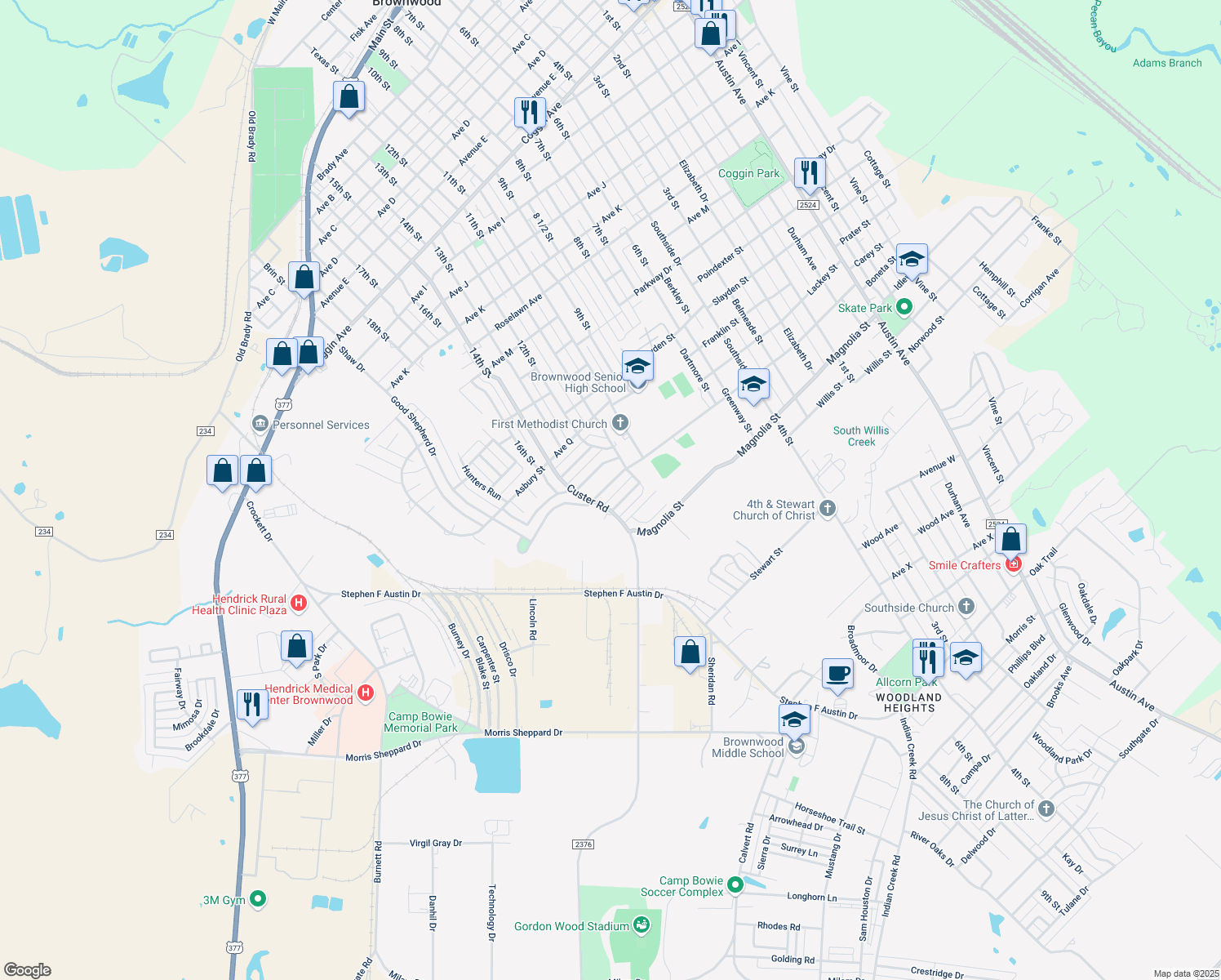 map of restaurants, bars, coffee shops, grocery stores, and more near 2410 Good Shepherd Drive in Brownwood