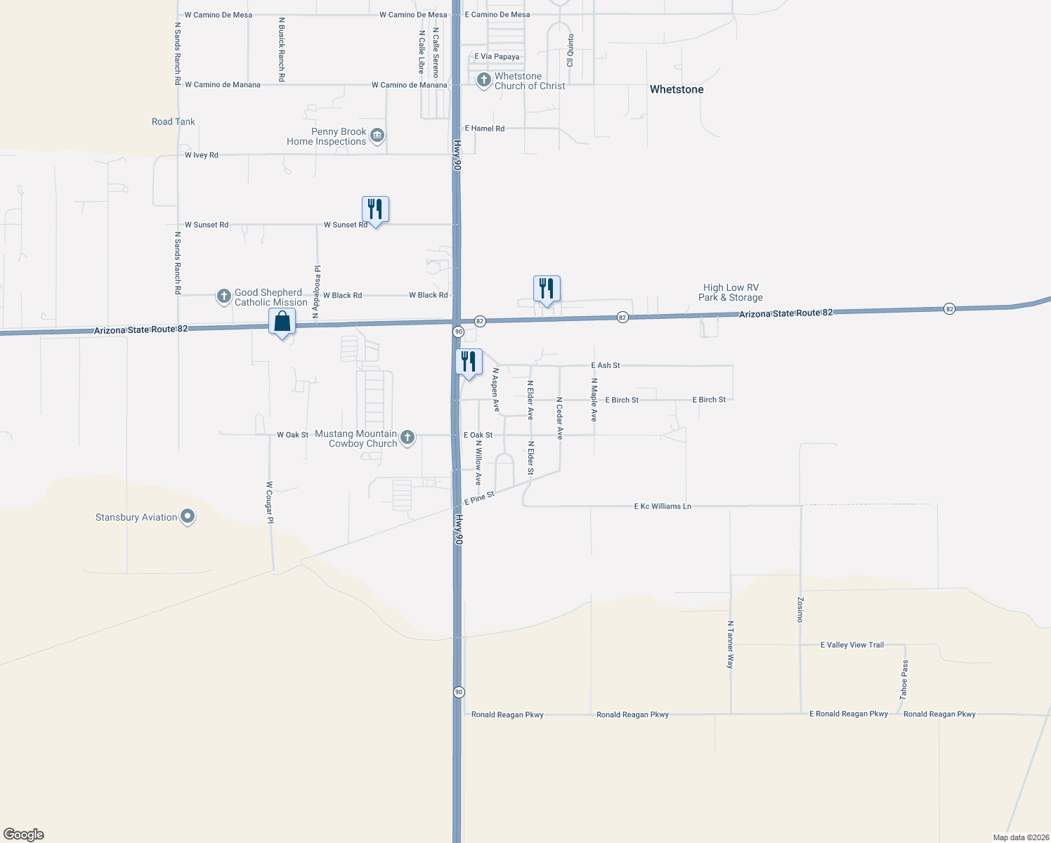 map of restaurants, bars, coffee shops, grocery stores, and more near 174 E Cypress St in Huachuca City