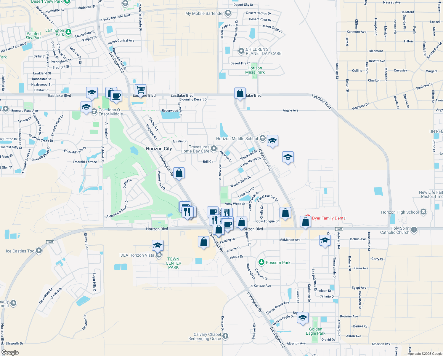 map of restaurants, bars, coffee shops, grocery stores, and more near 325 Peter Noyes Drive in Horizon City